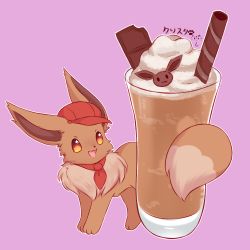Rule 34 | :3, absurdres, animal focus, artist name, brown eyes, cabbie hat, chocolate, clothed pokemon, creatures (company), cup, drink, drinking glass, eevee, fluffy, food, food focus, fur collar, game freak, gen 1 pokemon, happy, hat, highres, ice cream, ice cream float, japanese text, kryztar, looking up, necktie, nintendo, no humans, open mouth, outline, pokemon, pokemon (creature), pokemon cafe remix, purple background, red hat, red necktie, signature, simple background, smile, soda, solo, standing, wafer stick, white outline