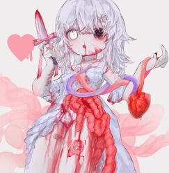Rule 34 | 1girl, bandaid, bandaid on hand, bandaid on thigh, black eyes, blood, blood from mouth, blood in hair, blood on clothes, blood on face, blood on panties, bloody knife, cowboy shot, dress, entrails, grey background, guro, hair ornament, heart, heart-shaped pupils, heart (organ), heterochromia, highres, holding, holding knife, injury, kanji hair ornament, knife, looking at viewer, medium hair, mercure 1104, missing finger, open mouth, organs, original, panties, pink ribbon, qr code, ribbon, scar, self-harm, solo, symbol-shaped pupils, translated, underwear, vaccine scar, veins, white dress, white eyes, white hair, white panties, wrist cutting