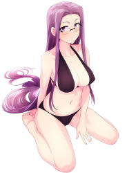 Rule 34 | 1girl, barefoot, bikini, black bikini, breasts, cleavage, fate/stay night, fate (series), feet, full body, glasses, highres, large breasts, long hair, looking at viewer, low-tied long hair, medusa (fate), medusa (rider) (fate), navel, parted lips, purple eyes, purple hair, simple background, sitting, smile, solo, swimsuit, tsurui, very long hair, wariza, white background