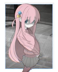 Rule 34 | 1girl, atat250, blue eyes, bocchi the rock!, closed mouth, cube hair ornament, gotoh hitori, grey skirt, hair ornament, highres, jacket, long hair, long sleeves, looking at viewer, one side up, pink hair, pink jacket, pleated skirt, shaded face, skirt, solo, sweat, track jacket, very long hair