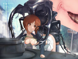 Rule 34 | 1girl, bar censor, beetle, bent over, bestiality, breasts, brown eyes, brown hair, bug, censored, doggystyle, foley anden, girls und panzer, hetero, highres, insect, interspecies, long sleeves, medium breasts, military, military vehicle, motor vehicle, nipples, nishizumi miho, ooarai military uniform, open clothes, open mouth, open shirt, outdoors, penis, rape, road sign, sex, sex from behind, sign, skirt, stag beetle, tank, torn clothes, uterus, vaginal, white skirt