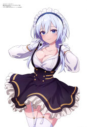 Rule 34 | 1girl, absurdres, blue eyes, breasts, cleavage, garter straps, gloves, highres, himeji shirayuki, large breasts, liar liar, looking at viewer, magazine scan, maid, maid headdress, megami magazine, official art, scan, shirt, short hair with long locks, simple background, skirt, smile, suspenders, thighhighs, thighs, unbuttoned, unbuttoned shirt, white background, white gloves