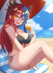 Rule 34 | 1girl, asymmetrical horns, bare arms, bare legs, bare shoulders, beach, bikini, black bikini, blue eyes, blue hair, blue horns, blush, breasts, bright pupils, chair, cup, dragon girl, dragon horns, drinking glass, drinking straw, heterochromia, highres, horns, inferna dragnis (xoldrek), juice, large breasts, long hair, looking at viewer, mismatched horns, multicolored hair, non-web source, ocean, on chair, orange eyes, orange horns, orange juice, original, outdoors, pale skin, red hair, sand, scenery, sitting, smile, solo, split-color hair, swimsuit, symbol-shaped pupils, two-tone hair, umbrella, usagi1923, water, white pupils, wine glass