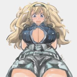 Rule 34 | 1girl, bad id, bad pixiv id, blonde hair, blue eyes, blue shirt, breast pocket, breasts, buttons, center opening, cowboy shot, from below, furrowed brow, gambier bay (kancolle), gloves, green gloves, hair between eyes, hairband, kantai collection, large breasts, long hair, megame (okbnkn), pocket, shirt, shorts, solo, twintails, unbuttoned, unbuttoned shirt