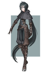 Rule 34 | 1girl, absurdres, belt, belt buckle, black hair, blue eyes, boots, brown gloves, buckle, capelet, chaps, cleats, commentary request, eyes visible through hair, fantasy, frown, full body, gloves, highres, hood, hood down, hooded capelet, ikasamahideo, long hair, looking at viewer, low ponytail, original, pouch, solo, standing, steel-toe boots, thigh pouch, tsurime, two-tone background, very long hair