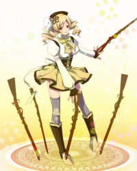 Rule 34 | 10s, 1girl, antique firearm, beret, blonde hair, blush, boots, breasts, brown thighhighs, corset, detached sleeves, drill hair, fingerless gloves, firearm, firelock, gloves, gun, hair ornament, hairpin, hat, large breasts, light smile, magic circle, magical girl, mahou shoujo madoka magica, mahou shoujo madoka magica (anime), musket, pigeon-toed, pleated skirt, puffy sleeves, ribbon, rifle, sa77, skirt, smile, solo, standing, standing on one leg, striped clothes, striped thighhighs, thighhighs, tomoe mami, twin drills, twintails, vertical-striped clothes, vertical-striped thighhighs, weapon, yellow eyes, zettai ryouiki