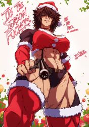 Rule 34 | 1girl, 4ces, abs, bell, belt, breasts, bridal gauntlets, brown hair, choker, christmas, christmas ornaments, christmas tree, cleavage, cleavage cutout, clothing cutout, english text, gun, handgun, hat, highres, large breasts, looking at viewer, looking down, medium breasts, midriff, multiple scars, muscular, muscular arms, muscular female, muscular legs, neck bell, original, revealing clothes, revolver, rifling, santa costume, santa hat, scar, scar on chest, scar on face, scar on hip, scar on leg, scar on mouth, scar on stomach, short hair, signature, solo, spiked hair, thick thighs, thighhighs, thighs, weapon, white background, yellow eyes