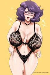 Rule 34 | 10s, 1girl, blush, bra, breasts, cleavage, creatures (company), curvy, game freak, glasses, green eyes, highres, krabbytheartist, lace, lace-trimmed bra, lace-trimmed panties, lace trim, large breasts, long hair, looking at viewer, navel, nintendo, one eye closed, open mouth, panties, parted lips, plump, pokemon, pokemon sm, purple hair, skindentation, smile, solo, stomach, thick thighs, thighs, underwear, wicke (pokemon), wide hips, wink