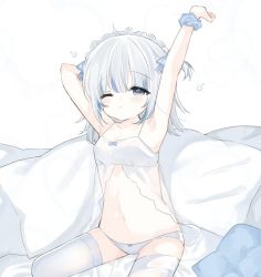 Rule 34 | 1girl, armpits, arms up, bow, bow panties, gawr gura, hololive, hololive english, lingerie, midriff, navel, negligee, nyanyan nya, panties, pillow, scrunchie, sleepy, stretching, thighhighs, underwear, underwear only, virtual youtuber, white panties, white thighhighs, wrist scrunchie, zettai ryouiki