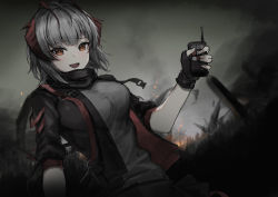 Rule 34 | 1girl, absurdres, ahoge, arknights, black gloves, black jacket, black scarf, black skirt, breasts, controller, demon horns, detonator, fingerless gloves, fire, forest, gloves, grey hair, grey shirt, highres, holding, holding remote control, horns, jacket, large breasts, looking at viewer, molyb, nature, open clothes, open jacket, open mouth, orange eyes, originium (arknights), outdoors, remote control, scarf, shirt, short hair, short sleeves, skirt, solo, upper body, w (arknights)