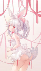 Rule 34 | 1girl, ahoge, animal ear fluff, animal ears, ass, bare shoulders, blush, braid, breasts, closed mouth, commentary request, dress, fingers together, frilled cuffs, frilled dress, frilled skirt, frills, grey hair, hair tie, highres, korean commentary, kuzel (bonolangje), lace, lace-trimmed panties, lace trim, long hair, looking at viewer, microdress, mole, mole on ass, mole on leg, mole on shoulder, mole on thigh, mole under eye, neck ribbon, original, panties, pantyshot, pom pom (clothes), rabbit ears, rabbit girl, rabbit tail, red eyes, red ribbon, ribbon, sidelocks, skirt, small breasts, solo, standing, steepled fingers, tail, thighs, underwear, white dress, white panties, wrist cuffs