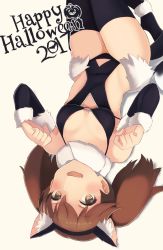 Rule 34 | 1girl, 2017, animal ears, black one-piece swimsuit, black thighhighs, blush, brown eyes, brown hair, cat ears, covered navel, detached sleeves, fake animal ears, fang, fur trim, hairband, halloween, happy halloween, highres, kantai collection, looking at viewer, lying, o-ring, o-ring top, on back, one-piece swimsuit, open mouth, ryuujou (kancolle), smile, solo, sonzai soumei, swimsuit, thighhighs, twintails
