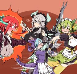 Rule 34 | apron, blue horns, chamber dragonmaid, claws, colored sclera, dragon, dragon girl, dragon horns, dragon tail, dragonmaid (yu-gi-oh!), dragonmaid lorpar, duel monster, green horns, green sclera, green tail, green theme, green wings, highres, horns, kitchen dragonmaid, lace-trimmed apron, lace trim, laundry dragonmaid, low wings, maid, maid apron, maid headdress, parlor dragonmaid, tail, tkool man, wings, yu-gi-oh!