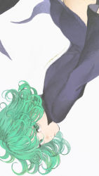 Rule 34 | 1girl, arm at side, black dress, closed mouth, curly hair, dress, expressionless, flipped hair, floating hair, from side, green eyes, green hair, grey background, highres, long sleeves, looking at viewer, looking to the side, matayoshi, one-punch man, short dress, short hair, signature, simple background, solo, swept bangs, tatsumaki, upside-down