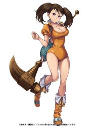 Rule 34 | 10s, 1girl, absurdres, boots, breasts, brown hair, cleavage, diane (nanatsu no taizai), full body, gloves, hammer, highres, holding, holding weapon, large breasts, leotard, long hair, looking at viewer, nanatsu no taizai, official art, orange leotard, puffy sleeves, purple eyes, short sleeves, simple background, smile, solo, twintails, weapon, white background
