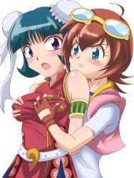 Rule 34 | 2girls, amano madoka, aqua eyes, bare shoulders, beyblade, blush, breast envy, grabbing another&#039;s breast, breasts, brown hair, china dress, chinese clothes, dress, grabbing, green hair, highres, hug, hug from behind, medium breasts, mei mei (beyblade), metal fight beyblade, multiple girls, open mouth, purple eyes, short hair, small breasts, takappe, upper body, yuri