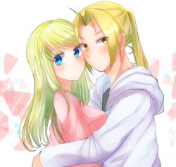 Rule 34 | 1boy, 1girl, absurdres, blonde hair, blue eyes, blush, closed mouth, couple, edward elric, from side, fullmetal alchemist, highres, hood, hood down, hooded sweater, hug, long hair, looking at viewer, machi (xxx503r), pink shirt, ponytail, shirt, sweater, white background, white sweater, winry rockbell, yellow eyes