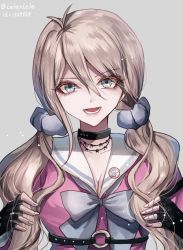 Rule 34 | 1girl, alternate hairstyle, antenna hair, artist name, barbed wire, black gloves, blonde hair, blue eyes, blue scrunchie, bow, breasts, choker, cleavage, commentary request, danganronpa (series), danganronpa v3: killing harmony, fingerless gloves, gloves, grey background, hair between eyes, hair ornament, hair scrunchie, iruma miu, long hair, looking at viewer, medium breasts, o-ring, open mouth, scrunchie, simple background, solo, twitter username, z-epto (chat-noir86)