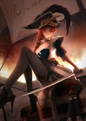 Rule 34 | 1girl, absurdres, blue eyes, braid, breasts, corset, fakerx, feathers, fire, fire, gun, hat, high heels, highres, league of legends, long hair, pantyhose, pirate, pirate costume, pirate hat, red hair, miss fortune (league of legends), ship, sitting, solo, stiletto heels, sword, treasure chest, watercraft, weapon