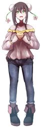 Rule 34 | 1girl, :d, absurdres, alternate costume, bad id, bad pixiv id, baozi, black footwear, black hair, blue pants, blush, boots, breasts, brown shirt, bun cover, collarbone, denim, double bun, fate/grand order, fate (series), flower, food, full body, green eyes, green ribbon, hair between eyes, hair bun, hair ribbon, highres, holding, holding food, jeans, long sleeves, looking at viewer, medium breasts, off-shoulder shirt, off shoulder, open mouth, pants, pigeon-toed, pink flower, puffy long sleeves, puffy sleeves, qin liangyu (fate), ribbon, shirt, side bun, sidelocks, simple background, smile, solo, standing, wada kazu, white background