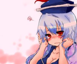 Rule 34 | 1girl, bad id, bad pixiv id, blue hair, blush, breasts, cleavage, female focus, hand in own hair, hat, kamishirasawa keine, large breasts, long hair, red eyes, solo, squiggle, takamura, tears, touhou, upper body