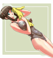 Rule 34 | 00s, 1girl, black one-piece swimsuit, breasts, brown hair, censored, cleavage, fujisawa yayoi, green background, green eyes, hair bun, hair ornament, hairclip, highres, large breasts, looking at viewer, lux (alpa), nipples, one-piece swimsuit, open mouth, single hair bun, smile, standing, swimsuit, towel, uchuu no stellvia