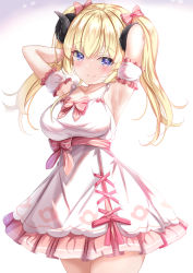 Rule 34 | 1girl, ahoge, animal ears, arm garter, armpits, arms behind head, blonde hair, blush, bow, breasts, collarbone, commentary request, cowboy shot, dress, frilled dress, frills, hair bow, highres, hololive, horns, long hair, looking at viewer, medium breasts, pink bow, purple eyes, sheep ears, sheep girl, sheep horns, sleeveless, sleeveless dress, smile, solo, standing, striped, striped bow, tsunomaki watame, twintails, virtual youtuber, white background, white dress, yuano