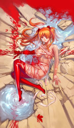 Rule 34 | 1girl, artist name, bandaged arm, bandages, blood, blood splatter, blue eyes, boots, breasts, crack, eyelashes, eyepatch, frown, full body, hairpods, highres, injury, interface headset, intravenous drip, large breasts, liquid, logo, long hair, looking at viewer, lying, naked bandage, neon genesis evangelion, nude, on back, on ground, orange hair, puddle, red footwear, rock, skindentation, solo, souryuu asuka langley, tape, thigh boots, thighhighs, two side up, wookyung