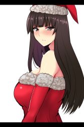 Rule 34 | 10s, 1girl, bare shoulders, blunt bangs, blush, breasts, brown eyes, brown hair, closed mouth, dress, from side, girls und panzer, hat, hifumi hajime, highres, large breasts, letterboxed, long hair, looking at viewer, matching hair/eyes, mature female, nishizumi shiho, red dress, red hat, santa costume, santa hat, simple background, solo, standing, strapless, strapless dress, upper body, white background