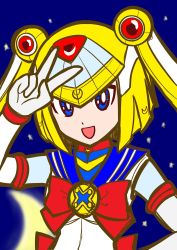 Rule 34 | 1girl, :d, android, aoihito72, bishoujo senshi sailor moon, blonde hair, blue eyes, blue sailor collar, bow, bowtie, breasts, cosplay, crescent, double bun, elbow gloves, gloves, hair bun, hand up, helmet, highres, fairy leviathan (mega man), looking at viewer, magical girl, mega man (series), mega man zero (series), moon, night, night sky, open mouth, red bow, red bowtie, robot, robot girl, sailor collar, sailor moon, sailor senshi uniform, school uniform, serafuku, shirt, short sleeves, sky, small breasts, smile, star (sky), starry moon, starry sky, tsukino usagi, twintails, upper body, v, white gloves