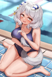 Rule 34 | 1girl, absurdres, animal ears, armpit crease, bare shoulders, barefoot, blue one-piece swimsuit, blush, breasts, brown eyes, cleavage, collarbone, commentary request, crying, crying with eyes open, ear covers, ear ornament, ears through headwear, feet, grey hair, hair between eyes, hair ornament, highres, hishi miracle (umamusume), holding own tail, horse ears, horse girl, horse tail, hugging tail, large breasts, legs, looking at viewer, medium breasts, medium hair, one-piece swimsuit, open mouth, pool, poolside, solo, swimsuit, tabunshake, tail, tears, thighs, toes, umamusume, war, water, yellow eyes