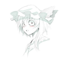 Rule 34 | 1girl, bad id, bad pixiv id, blush, constricted pupils, female focus, flandre scarlet, from side, hat, kurokuro, mob cap, monochrome, portrait, sketch, solo, touhou