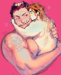 Rule 34 | 2boys, bara, belly, black hair, blush, charlotte katakuri, couple, cropped torso, extra tusks, hand on another&#039;s head, happy, highres, hug, kiss, kissing cheek, male focus, maren (mewtides), mewiyev, multiple boys, muscular, muscular male, mutual hug, nude, one piece, original, pectoral press, pectorals, plump, profile, short hair, size difference, smile, stitches, thick eyebrows, tusks, upper body