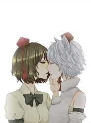 Rule 34 | 2girls, bad id, bad pixiv id, bow, bowtie, brown hair, chin strap, closed eyes, female focus, hand on another&#039;s cheek, hand on another&#039;s face, imminent kiss, inubashiri momiji, multiple girls, open mouth, pom pom (clothes), shameimaru aya, short hair, simple background, ta (tama2623), tassel, touhou, white background, white hair, yuri