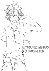Rule 34 | 1boy, character name, collared shirt, copyright name, cowboy shot, gari (apollonica), genderswap, genderswap (ftm), greyscale, hatsune mikuo, high contrast, highres, lineart, looking at viewer, male focus, monochrome, necktie, shirt, short hair, smile, solo, vocaloid