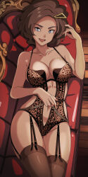 1girl animal_print blue_eyes breasts brown_hair brown_thighhighs cleavage commentary couch creatures_(company) english_commentary game_freak grace_(pokemon) groin hair_ornament hairclip hand_up highres hip_vent leopard_print lingerie looking_at_viewer lying mature_female mole mole_on_breast navel nintendo on_back on_couch open_mouth pokemon pokemon_xy ribbon short_hair smile solo thighhighs thighs underwear underwear_only vivivoovoo