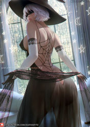 Rule 34 | 1girl, ass, black blindfold, black dress, blindfold, breasts, butt crack, dress, elbow gloves, from behind, gloves, hat, lips, medium breasts, nier:automata, nier (series), no bra, olesyaspitz, scarf, see-through, see-through dress, short hair, solo, watermark, web address, white hair, witch, witch hat, 2b (nier:automata)