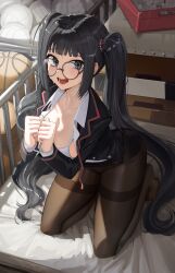 Rule 34 | 1girl, absurdres, black eyes, black hair, black jacket, black pantyhose, bound, bound wrists, collared shirt, commission, glasses, goback, gym storeroom, highres, jacket, kneeling, looking at viewer, no shoes, open clothes, open mouth, open shirt, original, pantyhose, round eyewear, shirt, solo, solo focus, sweat, thighband pantyhose, twintails, white shirt