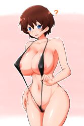 Rule 34 | 1girl, absurdres, akaboshi koume, areola slip, blue eyes, blush, breasts, brown hair, cleavage, covered erect nipples, cube (huidama), girls und panzer, highres, huge breasts, large areolae, large breasts, looking at viewer, messy hair, navel, open mouth, pubic hair, short hair, slingshot swimsuit, solo, swimsuit