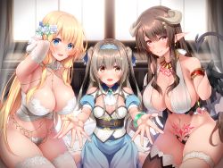 Rule 34 | 3girls, :d, armlet, bare shoulders, black gloves, blonde hair, blue eyes, blue ribbon, blush, breasts, brown eyes, brown hair, cleavage, closed mouth, collarbone, demon girl, demon horns, demon tail, demon wings, elf, eyelashes, flower, foreshortening, gloves, hair between eyes, hair flower, hair ornament, hair ribbon, half gloves, heart, heart-shaped pupils, highres, horns, large breasts, long hair, looking at viewer, low wings, maebari, midoriiro no shinzou, multiple girls, navel, non-web source, open mouth, original, outstretched arm, outstretched arms, outstretched hand, pointy ears, reaching, reaching towards viewer, red eyes, ribbon, rose, sidelocks, skindentation, smile, stomach, symbol-shaped pupils, tail, thighhighs, twintails, very long hair, white flower, white rose, wings
