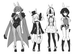 Rule 34 | 4girls, alternate costume, animal ears, aru (blue archive), blue archive, blush, boots, breasts, buttons, closed mouth, coat, coat on shoulders, collared shirt, demon horns, fake animal ears, fur-trimmed coat, fur trim, greyscale, haruka (blue archive), hat, highres, horns, kayoko (blue archive), knee boots, large breasts, leotard, long hair, long sleeves, medium hair, monochrome, multiple girls, mutsuki (blue archive), nogiwa kaede, pantyhose, problem solver 68 (blue archive), rabbit ears, shirt, shoes, short sleeves, simple background, sketch, smile, strapless, strapless leotard, top hat, white background, wrist cuffs