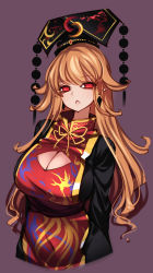 Rule 34 | 1girl, absurdres, breasts, chinese clothes, cleavage, cleavage cutout, clothing cutout, crescent, highres, junko (touhou), long hair, mature female, orange hair, phoenix crown, purple background, raptor7, red eyes, simple background, solo, tabard, touhou