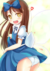 Rule 34 | 1girl, ass, blush, bow, brown hair, clothes lift, dress, dress lift, fairy wings, hair bow, heart, heart-shaped pupils, long hair, looking at viewer, niiya, open mouth, panties, solo, spoken heart, star sapphire, symbol-shaped pupils, touhou, underwear, white panties, wings, yellow eyes