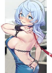 Rule 34 | 1girl, absurdres, ako (blue archive), ako (dress) (blue archive), ass, backless dress, backless outfit, bare shoulders, blue archive, blue dress, blue eyes, blue hair, blue halo, blush, breasts, butt crack, dress, hair between eyes, halo, highres, large breasts, leash, official alternate costume, shennai misha, sideboob, simple background, sleeveless, sleeveless dress, solo