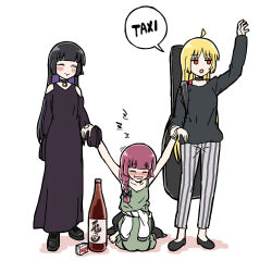 Rule 34 | 3girls, :o, ahoge, alcohol carton, arm up, bare shoulders, black dress, black footwear, black hair, black shirt, blonde hair, blush, bocchi the rock!, boots, bottle, braid, braided ponytail, choker, closed eyes, closed mouth, clothes around waist, clothing cutout, dress, drooling, drunk, english text, green dress, guitar case, highres, hiroi kikuri, holding another&#039;s wrist, ijichi seika, instrument case, jitome, kneeling, long hair, long sleeves, mole, mole under mouth, mouth drool, multiple girls, open mouth, pa-san, pants, purple hair, sake bottle, shirt, shoes, shoulder cutout, smile, speech bubble, standing, striped clothes, striped pants, torako (toramaru), white background, zzz