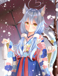 Rule 34 | 1girl, ahoge, blue hair, blue hakama, blue kimono, blue skirt, blush, bottle, choko (cup), closed mouth, colored tips, cowboy shot, cup, double-parted bangs, floral print, floral print kimono, hair between eyes, hair ornament, hakama, hakama skirt, heart, heart ahoge, highres, holding, holding bottle, holding cup, hololive, japanese clothes, kimono, long hair, looking at viewer, low twintails, multicolored hair, obi, official alternate costume, official alternate hairstyle, oil-paper umbrella, pink shawl, pointy ears, pom pom (clothes), pom pom hair ornament, print kimono, sash, shawl, skirt, smile, snowing, solo, streaked hair, tokkuri, twintails, umbrella, virtual youtuber, w arms, wide sleeves, yakatora, yellow eyes, yukihana lamy, yukihana lamy (new year)