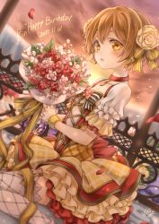 Rule 34 | 1girl, 2017, blush, bouquet, breasts, brown hair, character name, choker, cleavage, collarbone, dated, dress, dutch angle, earrings, flower, garter straps, hair flower, hair ornament, hair ribbon, hairband, happy birthday, haru hina, highres, holding, holding bouquet, hoshizora rin, jewelry, layered dress, looking at viewer, love live!, love live! school idol festival, love live! school idol project, outdoors, parted lips, petals, pink flower, red flower, ribbon, short hair, signature, sitting, small breasts, solo, striped ribbon, thighhighs, white flower, white hairband, white thighhighs, yellow dress, yellow eyes, yellow ribbon