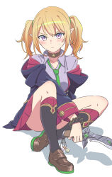 Rule 34 | 1girl, black coat, blonde hair, blush, breasts, brown footwear, chloe (princess connect!), choker, closed mouth, coat, collared shirt, dagger, frown, full body, green necktie, highres, holding, holding dagger, holding knife, holding weapon, knee up, kneehighs, knife, loafers, long sleeves, miniskirt, necktie, pointy ears, princess connect!, purple shirt, red skirt, shadow, shirt, shoes, short hair, sidelocks, simple background, sitting, skirt, small breasts, socks, solo, sweatdrop, takkun (takkun20), twintails, v-shaped eyebrows, weapon, white background