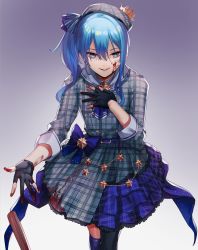 Rule 34 | 1girl, asymmetrical hair, asymmetrical legwear, belt, beret, black gloves, black thighhighs, blood, blood on clothes, blood on face, blood on hands, bloody weapon, blue belt, blue bow, blue eyes, blue hair, blue necktie, blue skirt, blue thighhighs, bow, choker, coattails, commentary, crown, eredhen, feet out of frame, fingerless gloves, flat chest, gloves, gradient background, grey hat, grey jacket, grey skirt, grin, hair between eyes, hand on own chest, hat, hat ribbon, highres, hololive, hoshimachi suisei, hoshimachi suisei (1st costume), jacket, layered skirt, lips, looking at viewer, medium hair, mini crown, miniskirt, mismatched legwear, necktie, open hand, outstretched hand, parted lips, plaid, plaid headwear, plaid jacket, plaid skirt, purple background, ribbon, short necktie, side ponytail, simple background, skirt, smile, solo, star (symbol), star choker, star in eye, striped ribbon, symbol in eye, thighhighs, tilted headwear, virtual youtuber, weapon