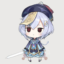 Rule 34 | 1girl, :&lt;, bandaged leg, bandages, black footwear, blue dress, blue hair, blue hat, blue jacket, capriccio, chibi, commentary request, cropped jacket, dress, full body, genshin impact, grey background, hair between eyes, hair ornament, hat, holding, holding sword, holding weapon, jacket, long sleeves, looking at viewer, ofuda, parted lips, qingdai guanmao, qiqi (genshin impact), red eyes, shoes, simple background, sleeves past wrists, solo, standing, sword, thick eyebrows, thighhighs, triangle mouth, weapon, white thighhighs